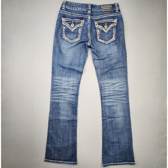 Rock And Roll Cowgirl Denim - Rock & Roll Cowgirl Jeans Womens 28x32 Mid Rise Bootcut Rhinestones Thick Stitch